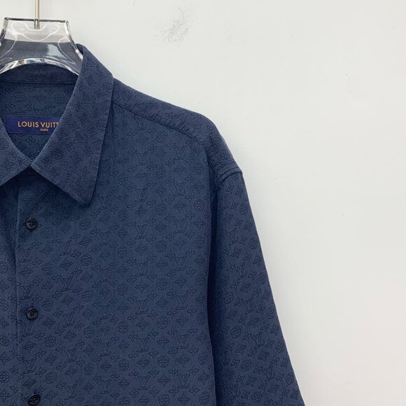 LOUIS VUITTON Mens Monogram Short Sleeve Button Down Shirt Size M Navy Blue Made - Picture 7 of 7